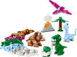 LEGO Classic Creative Dinosaurs 11041 with colourful T. rex, Triceratops, long-neck dinosaur, flying dinosaur, volcano, palm tree and building bricks