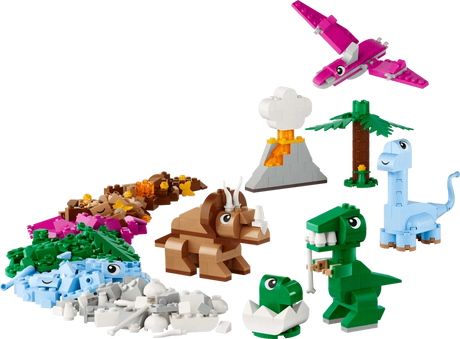 LEGO Classic Creative Dinosaurs 11041 with colourful T. rex, Triceratops, long-neck dinosaur, flying dinosaur, volcano, palm tree and building bricks