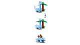 LEGO Classic Creative Dinosaurs rebuilding sequence showing a blue long-neck dinosaur beside a palm tree changing into a small blue horned dinosaur