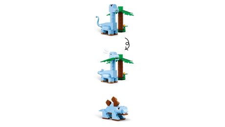 LEGO Classic Creative Dinosaurs rebuilding sequence showing a blue long-neck dinosaur beside a palm tree changing into a small blue horned dinosaur