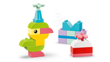 LEGO DUPLO bird build beside small block builds including a cake