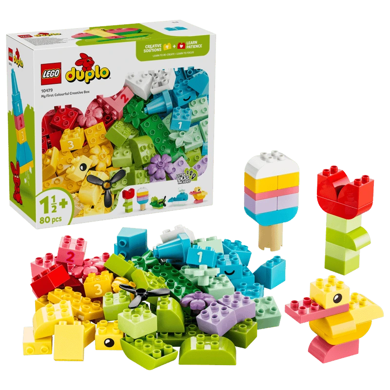 LEGO Colorful Creative Box 10479 packaging with assorted DUPLO bricks, flower, ice lolly and duck builds