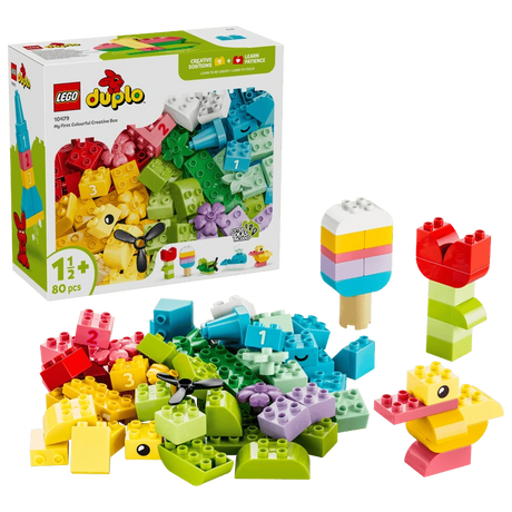 LEGO Colorful Creative Box 10479 packaging with assorted DUPLO bricks, flower, ice lolly and duck builds