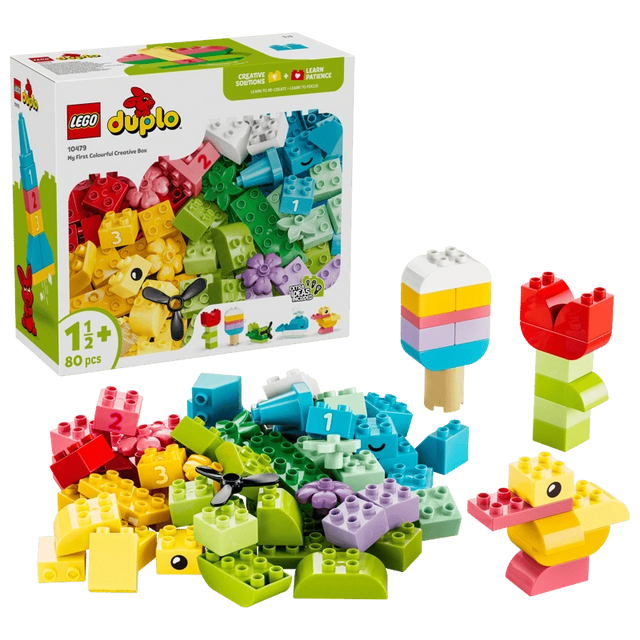 LEGO Colorful Creative Box 10479 packaging with assorted DUPLO bricks, flower, ice lolly and duck builds