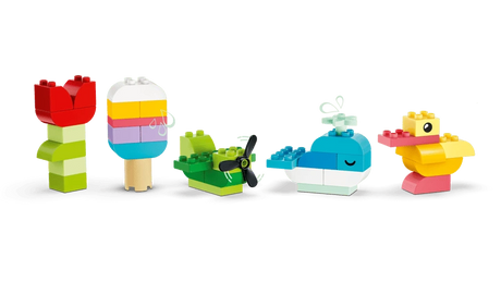 LEGO DUPLO builds showing a flower, ice lolly, snail, whale and duck