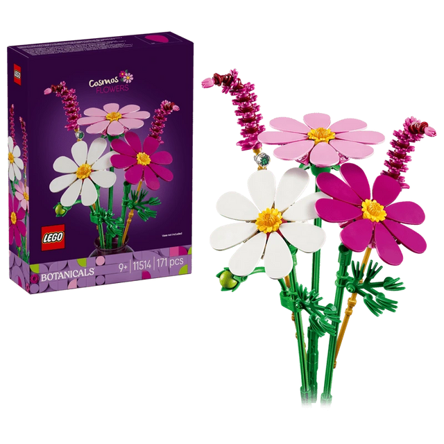 LEGO Cosmos Flowers 11514 box with white, pink and purple flower stem display