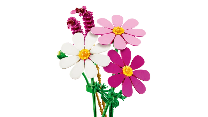 LEGO Cosmos Flowers display with front facing white, pink and purple flowers