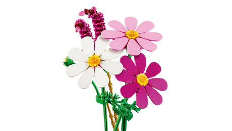 LEGO Cosmos Flowers display with front facing white, pink and purple flowers