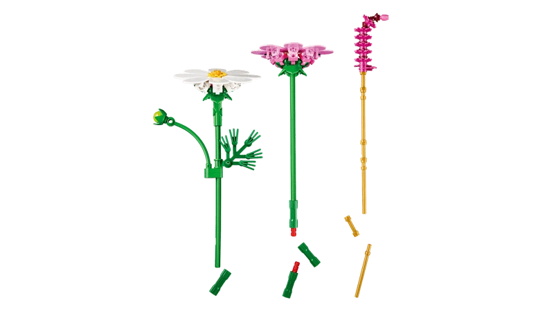 LEGO Cosmos Flowers stems shown separated with loose stem pieces
