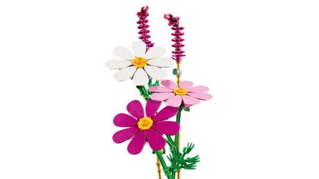 LEGO Cosmos Flowers display with staggered white, pink and purple flower stems