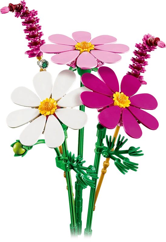 LEGO Cosmos Flowers display with white, pink and purple flowers and red fountain grass
