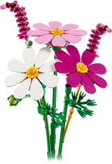 LEGO Cosmos Flowers display with white, pink and purple flowers and red fountain grass