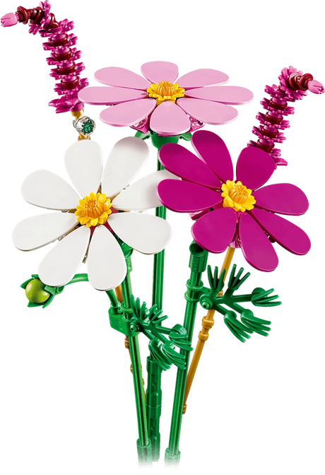 LEGO Cosmos Flowers display with white, pink and purple flowers and red fountain grass