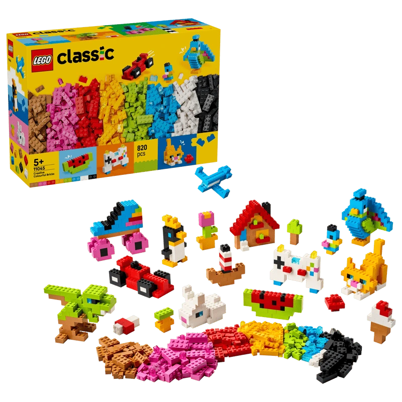 LEGO Creative Colorful Bricks 11045 box with assorted bricks and built models