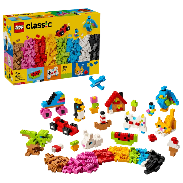 LEGO Creative Colorful Bricks 11045 box with assorted bricks and built models