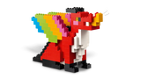 LEGO dragon build with red body, black legs and rainbow coloured wings