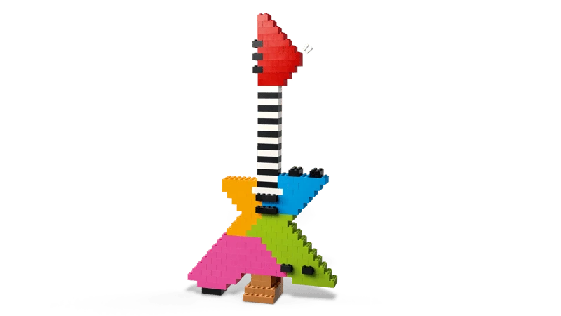 LEGO guitar build with striped neck, red headstock and colourful body