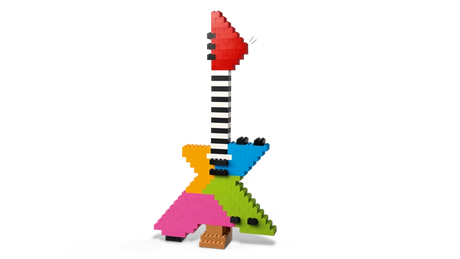 LEGO guitar build with striped neck, red headstock and colourful body