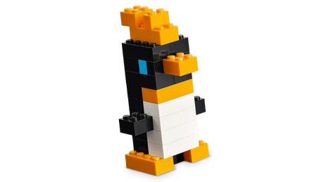 LEGO penguin build with black, white, orange and blue bricks