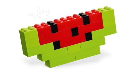 LEGO brick watermelon build with green, red and black pieces