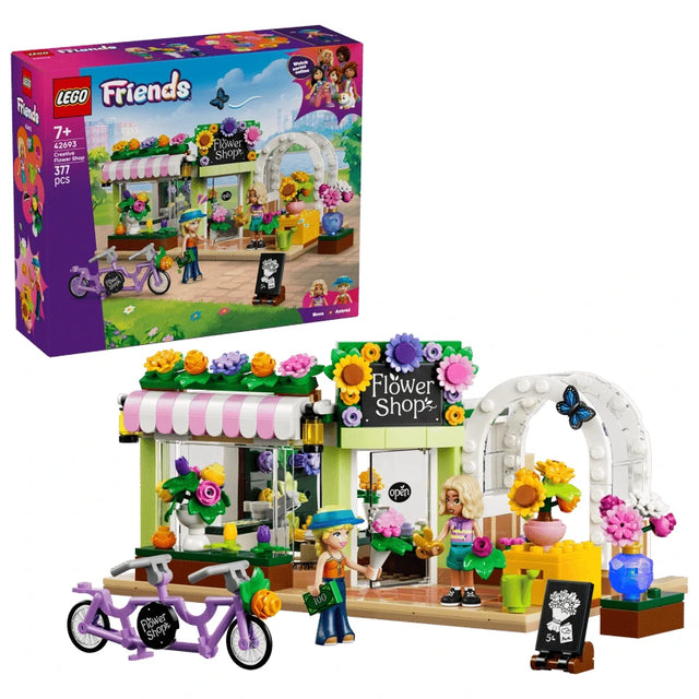 LEGO Creative Flower Shop 42693 box with flower shop build, mini-dolls, tandem bike and flower displays