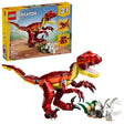 LEGO Creator 3 in 1 Fierce Dinosaur retail box shown with built Velociraptor model and dinosaur bone accessories
