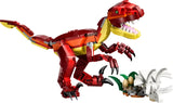 LEGO Creator 3 in 1 Fierce Dinosaur Velociraptor model shown on white background with dinosaur eggs and skull build
