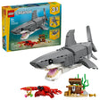 LEGO Creator 3 in 1 Fierce Shark with Treasure Chest retail box shown with built shark model on white background
