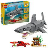 LEGO Creator 3 in 1 Fierce Shark with Treasure Chest retail box shown with built shark model on white background
