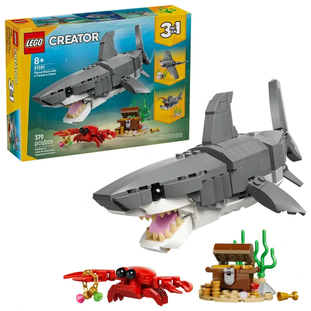 LEGO Creator 3 in 1 Fierce Shark with Treasure Chest retail box shown with built shark model on white background

