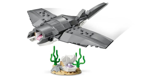 LEGO Creator 3 in 1 Fierce Shark with Treasure Chest manta ray model shown on white background with display stand
