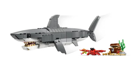 LEGO Creator 3 in 1 Fierce Shark with Treasure Chest shark model shown on white background with treasure chest and crab