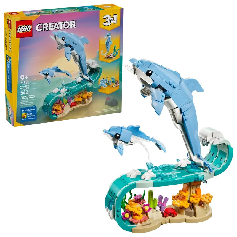LEGO Creator 3 in 1 Sea Animals Beautiful Dolphins retail box shown with built dolphin models on white background
