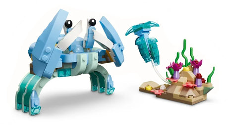 LEGO Creator 3 in 1 Sea Animals Beautiful Dolphins crab model shown on white background with sea plants and jellyfish
