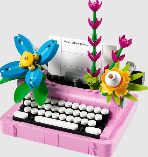 LEGO 3 in 1 typewriter with flowers on a white background