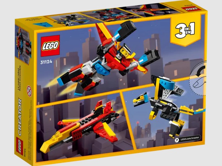 LEGO® Creator 31124 Super Robot box back showing alternate builds of robot, jet, and mecha dragon