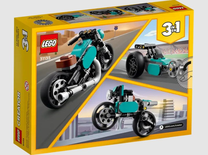 LEGO Creator 31135 Vintage Motorcycle back of box showing 3-in-1 builds – retro bike, dragster, and street bike