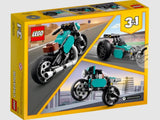 LEGO Creator 31135 Vintage Motorcycle back of box showing 3-in-1 builds – retro bike, dragster, and street bike