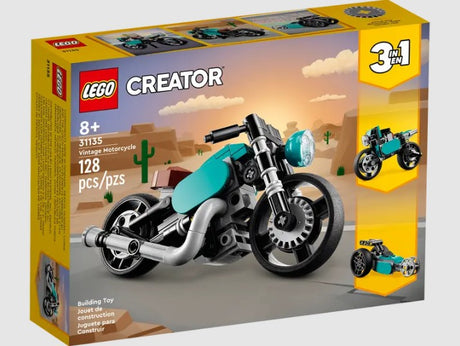 LEGO Creator 31135 Vintage Motorcycle front box view – 3-in-1 set with street bike and dragster builds