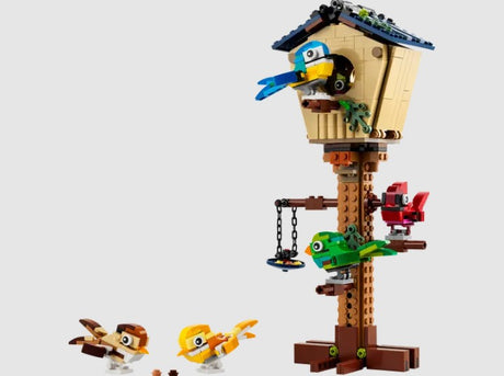 LEGO Creator 31143 Birdhouse main build with colourful birds on a wooden stand