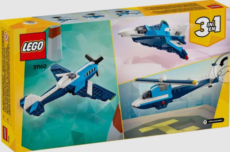 LEGO Creator 31160 back of box showing 3-in-1 builds – race plane, jet, and helicopter