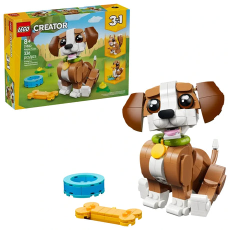 LEGO Creator Playful Puppy Dog set box shown with built brown and white puppy, blue bowl, and yellow bone