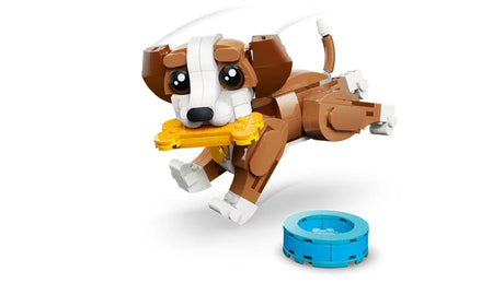 LEGO Creator puppy model shown running while holding a yellow bone, and a blue dog bowl in the foreground