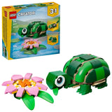 LEGO Creator Turtle With a Water Lily Flower 31377 full set with box and assembled turtle figure with pink water lily flower
