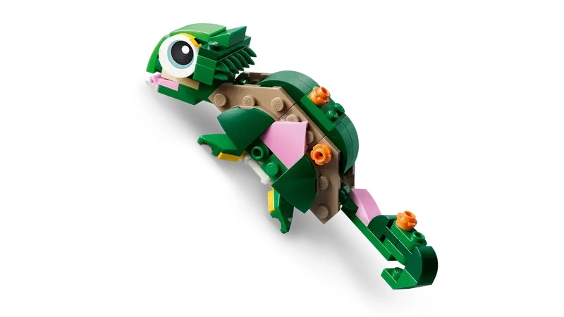 LEGO Creator Turtle With a Water Lily Flower 31377 green chameleon figure with tilted head and curled tail
