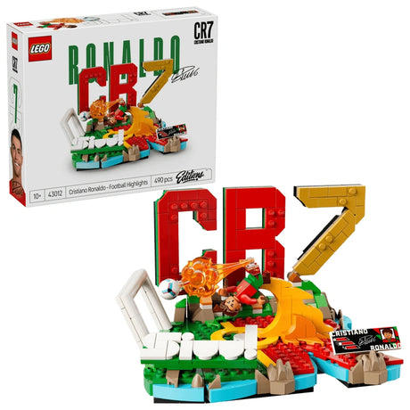 LEGO Cristiano Ronaldo - Football Highlights box beside the finished display model on a white background