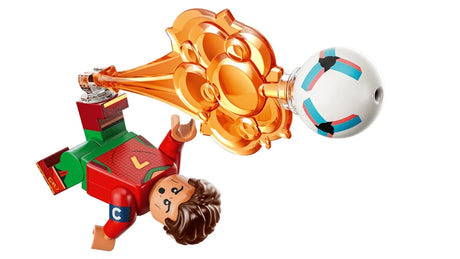 LEGO Cristiano Ronaldo minifigure in a bicycle kick pose with an orange effect and football on a white background