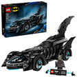 LEGO DC Batman Forever Batmobile 76304 box artwork with built Batmobile model and Batman minifigure display stand