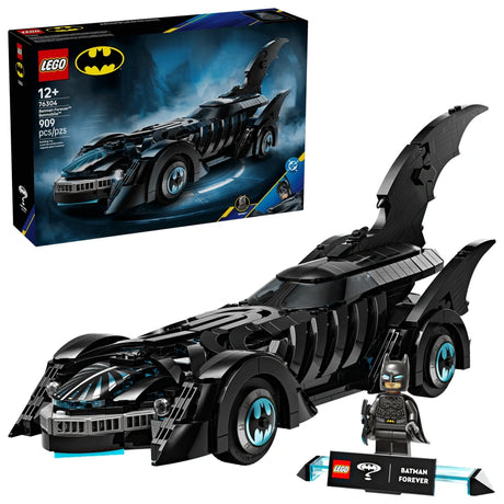 LEGO DC Batman Forever Batmobile 76304 box artwork with built Batmobile model and Batman minifigure display stand