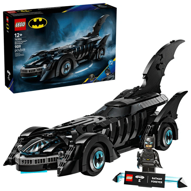 LEGO DC Batman Forever Batmobile 76304 box artwork with built Batmobile model and Batman minifigure display stand